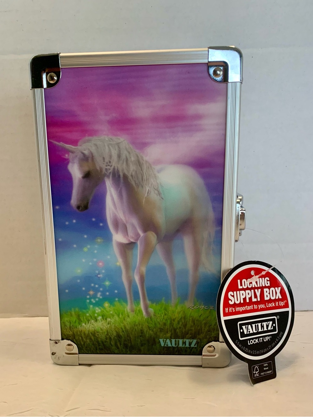 Vaultz Locking Supply Pencil Box, 5" x 2.5" x 8.5", Unicorn New
